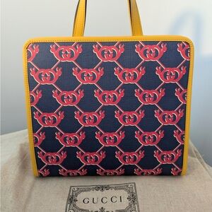 Gucci Navy and Red Snail Tote with Yellow Trim